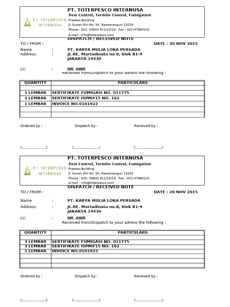 Dispatch Note for Fumigation Services | PDF