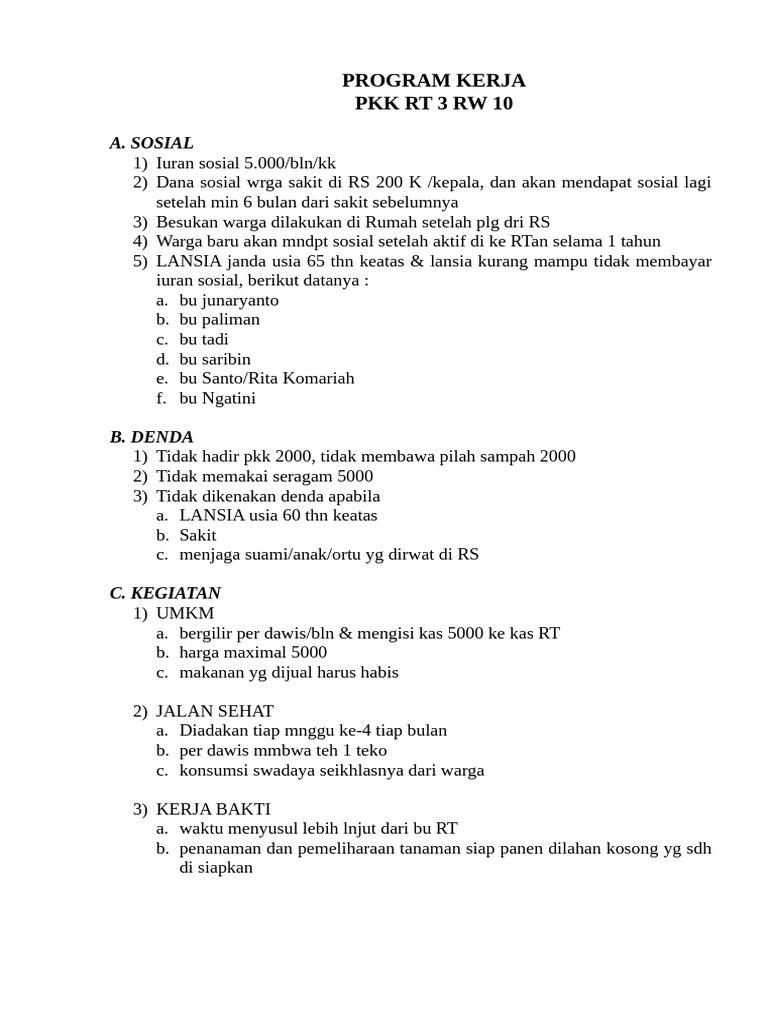 Program Kerja PKK RT 3 RW 10 2023 | PDF