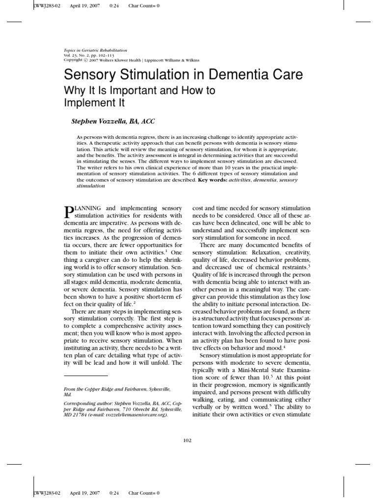 Sensory Stimulation in Dementia Care | PDF | Odor | Dementia