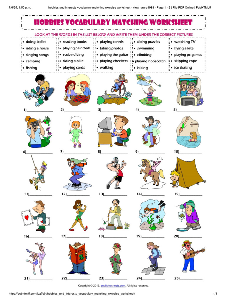 Hobbies and Interests Vocabulary Matching Exercise Worksheet - View ...