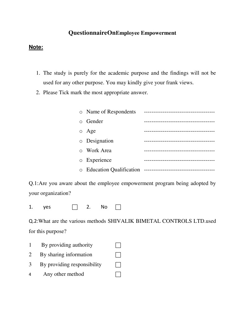 Questionnaire On Employee Empowerment PDF Empowerment Motivation