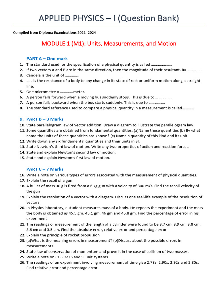 Applied Physics I Question Bank 2021-2024 | PDF | Angular Momentum ...