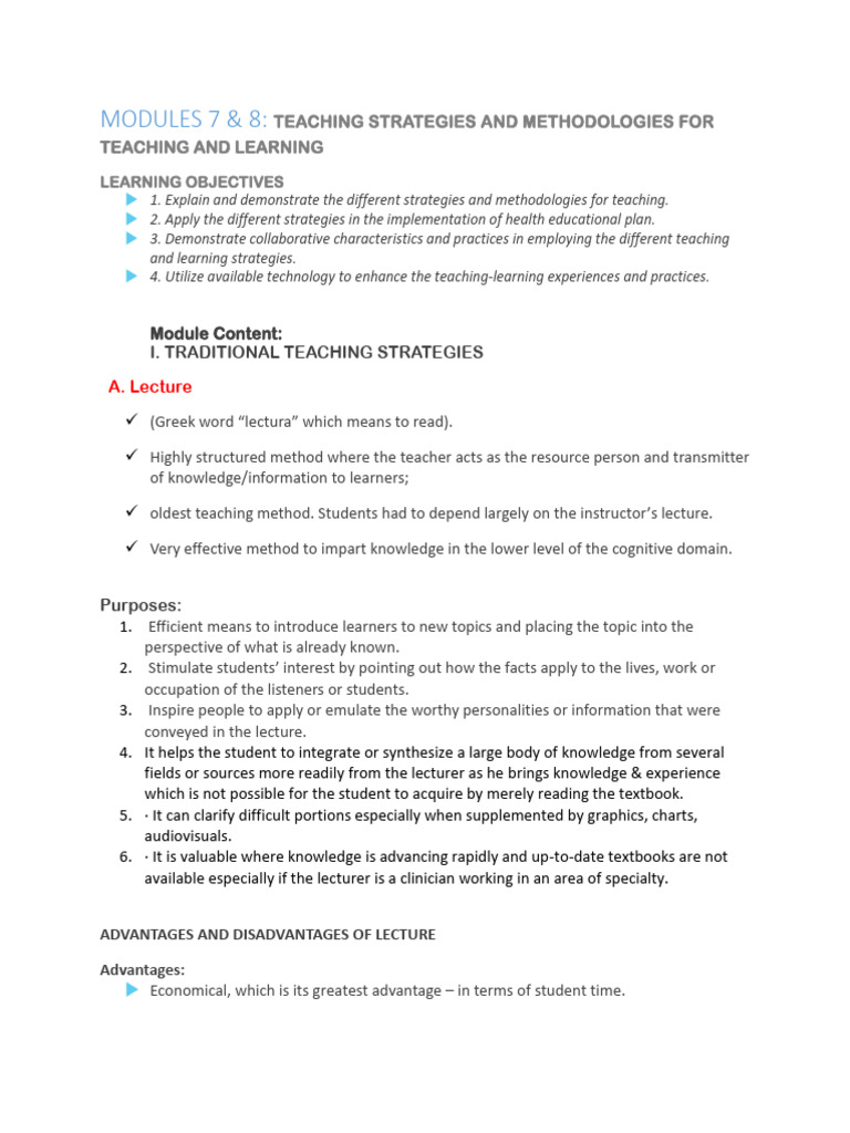 H.E. MODULES 7 Aand 8 On Traditional Teaching Methods | PDF | Lecture ...