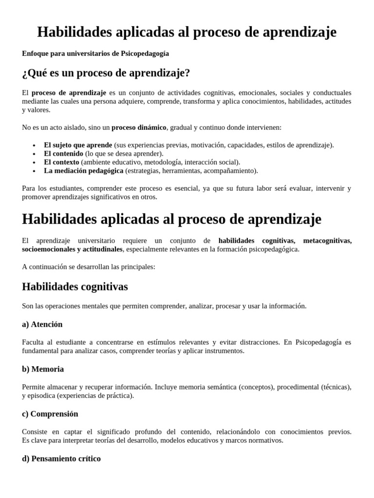 Habilidades Clave en Psicopedagogía Universitaria | PDF | Aprendizaje ...