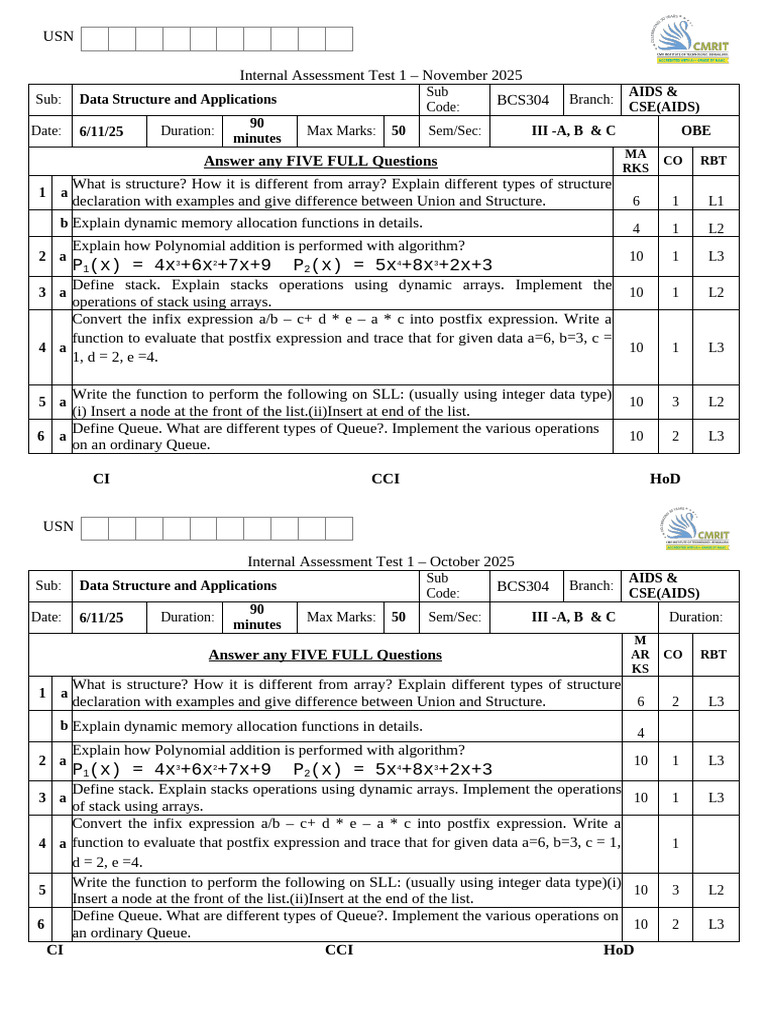 Dsa IAT1 QP (Rani) | PDF | Queue (Abstract Data Type) | Software ...