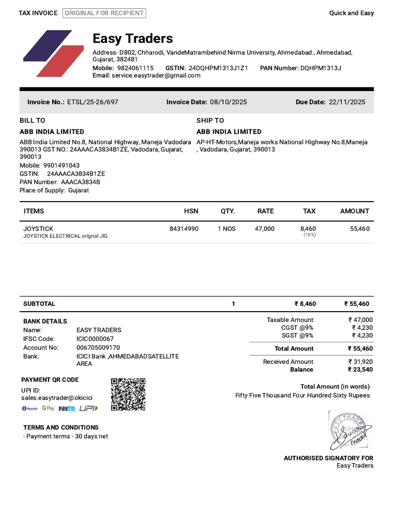 ABB INDIA LIMITED Invoice ETSL 25 26 697 | PDF | Economy Of India ...