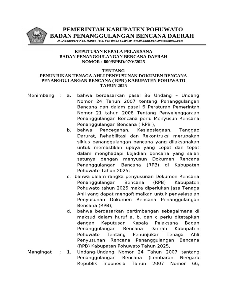 Penunjukan Tenaga Ahli RPB 2025 Pohuwato | PDF