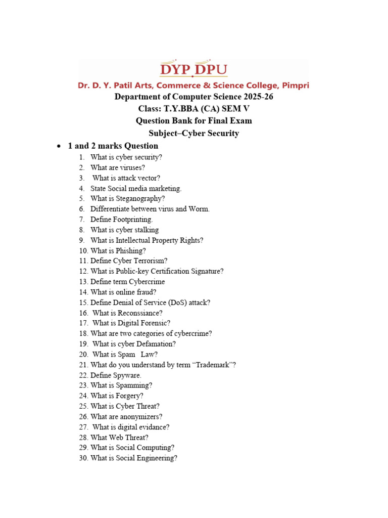 Cyber Security Exam Question Bank 2025-26 | PDF | Cybercrime | Security