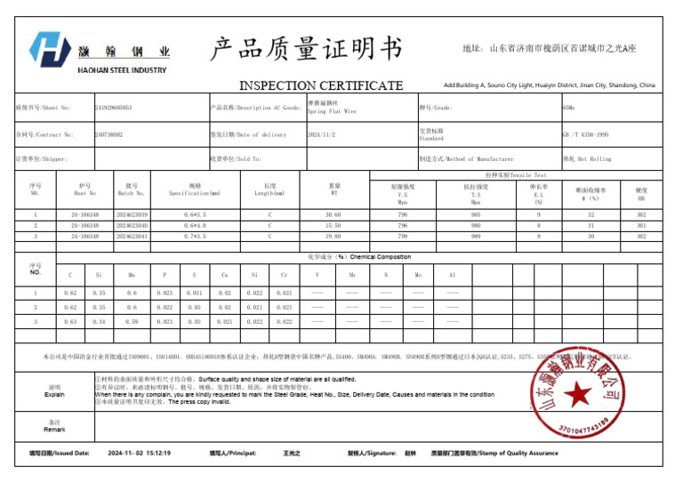 65Mn Inspection Certificate | PDF