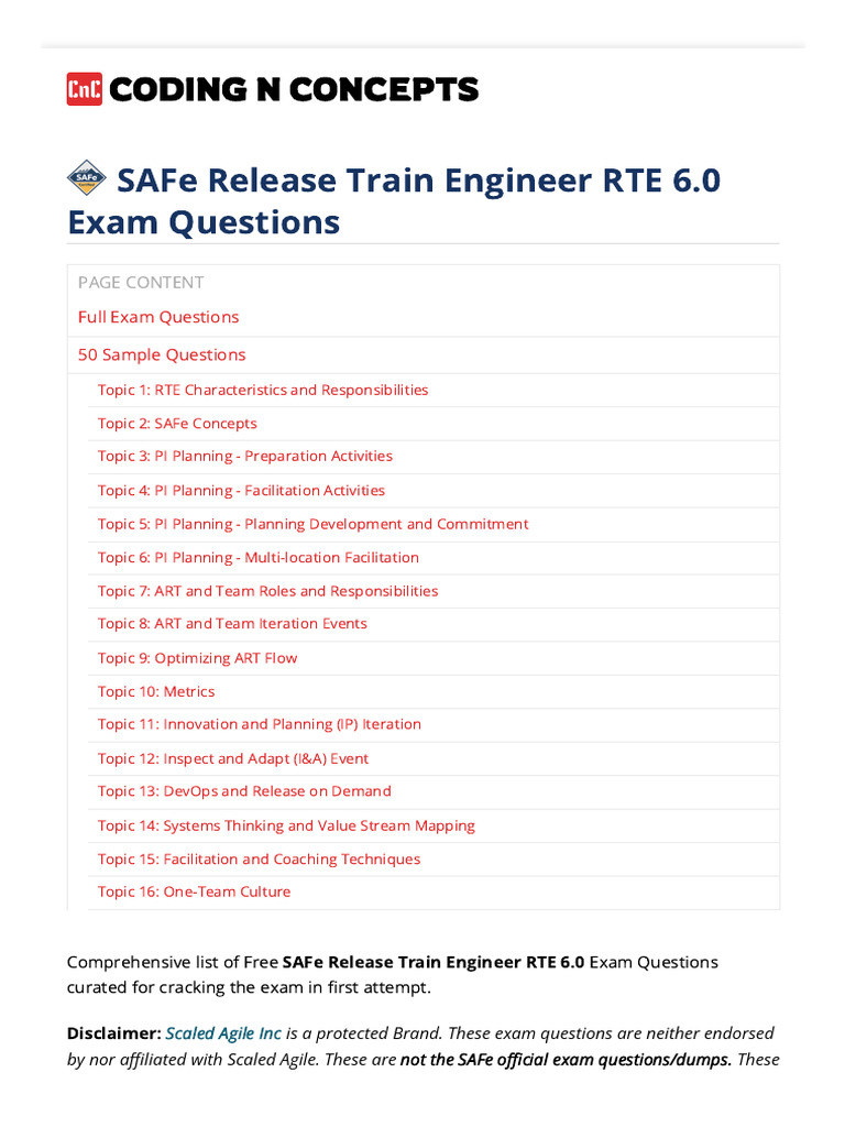 SAFe RTE 6.0 Exam Questions Guide | PDF | Agile Software Development ...
