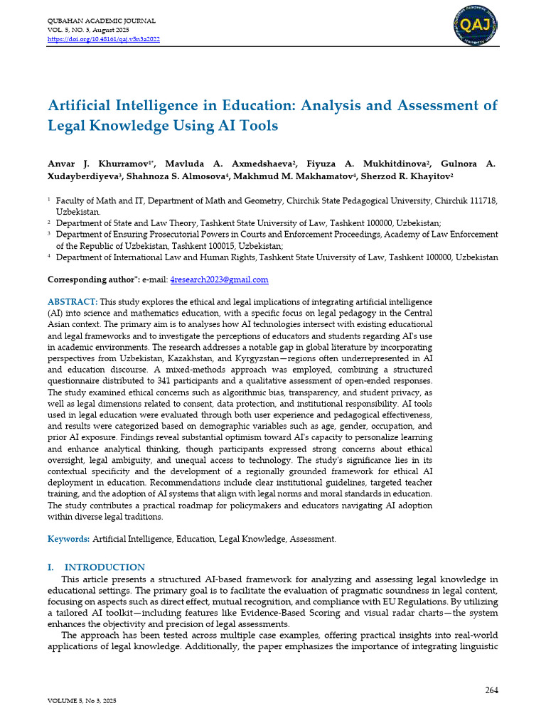 Artificial Intelligence in Education Analysis and Assessment of Legal ...