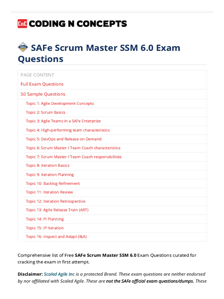 SAFe Scrum Master SSM 6.0 Exam Questions | PDF | Agile Software ...