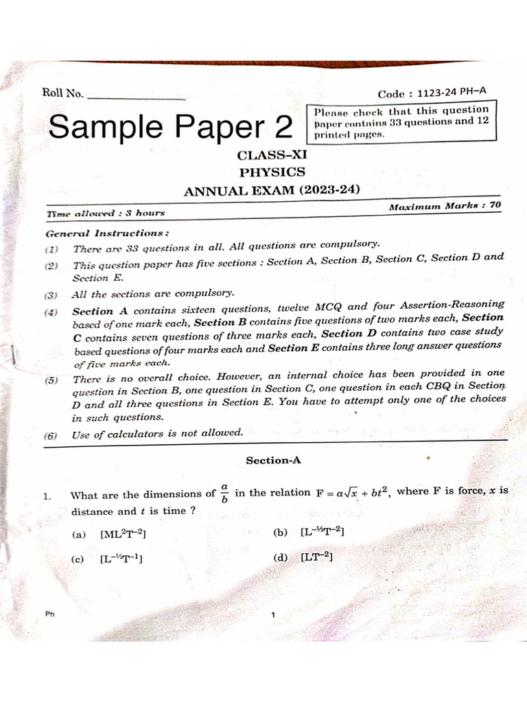 XI PHYSICS Sample Paper 2 (2025-26) | PDF