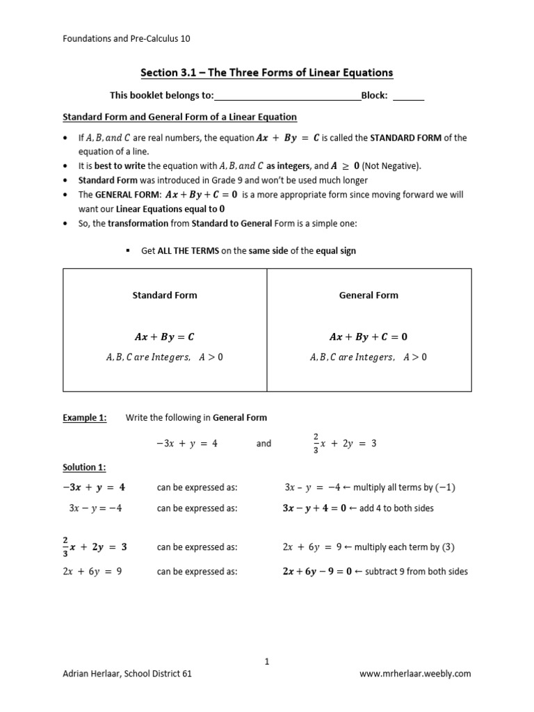 Linear Equations: Forms and Graphing | PDF | Elementary Mathematics ...