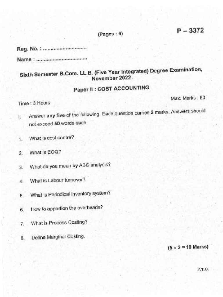 2022 Nov 6 Sem Bcom Cost Accounting | PDF