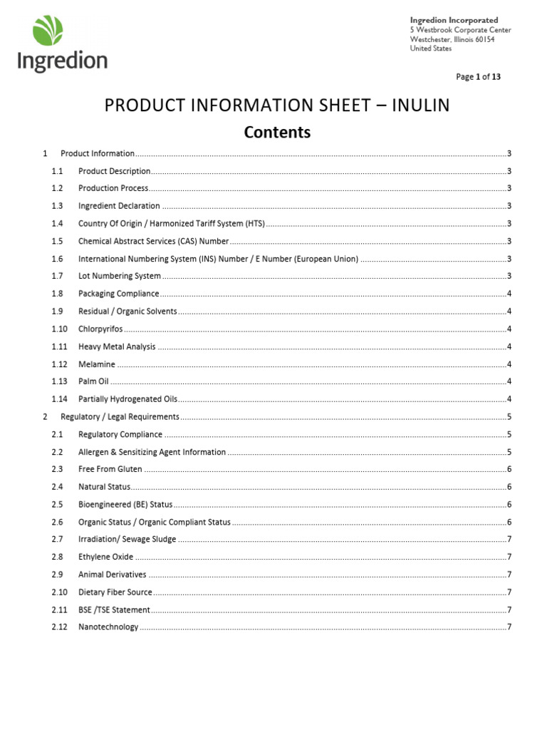Inulin Product Information Sheet | PDF