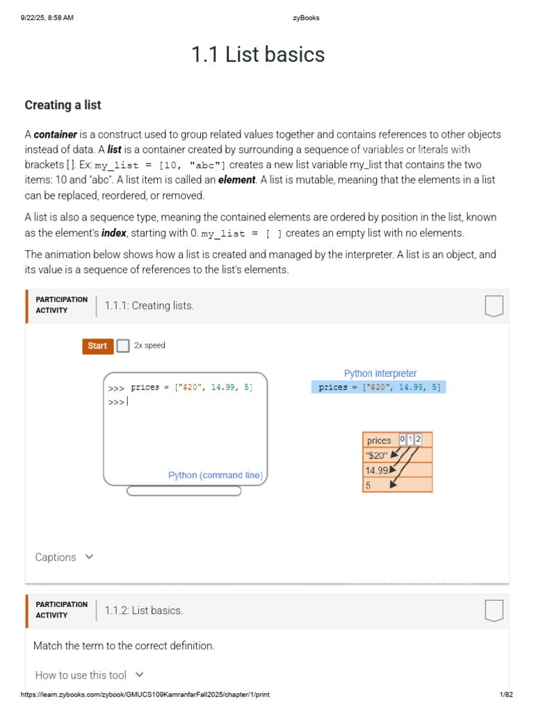 CS 109: Introduction to Computer Programming, Part B Chapter 1 zyBooks ...