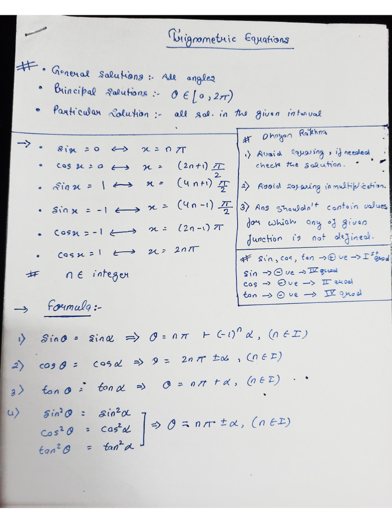 Trigonometric Equations Short Notes | PDF
