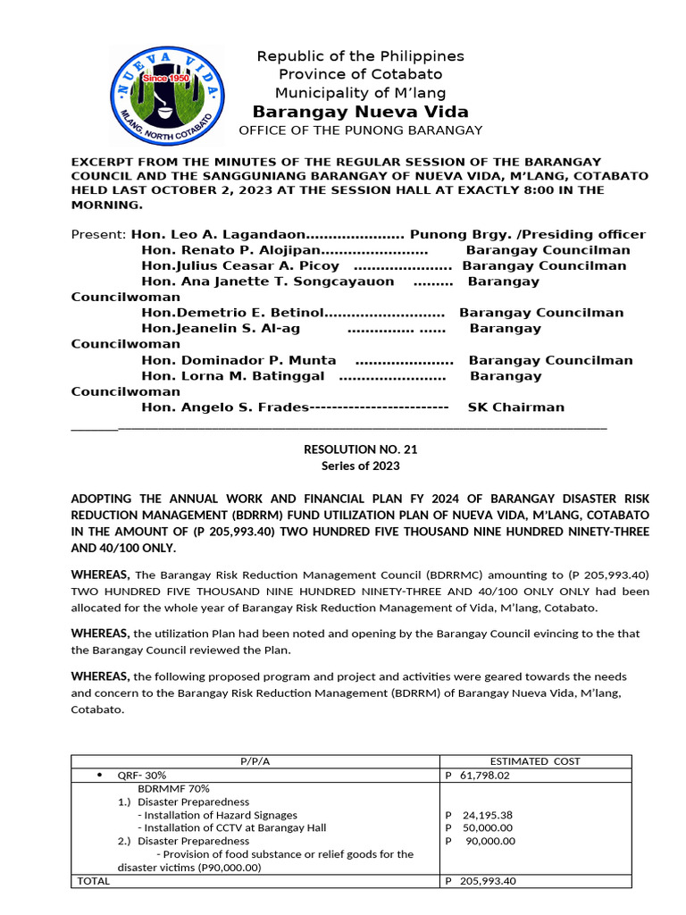 Bdrrm Plan 2024 Adopting (Resolution 21 2023) | PDF | Government ...