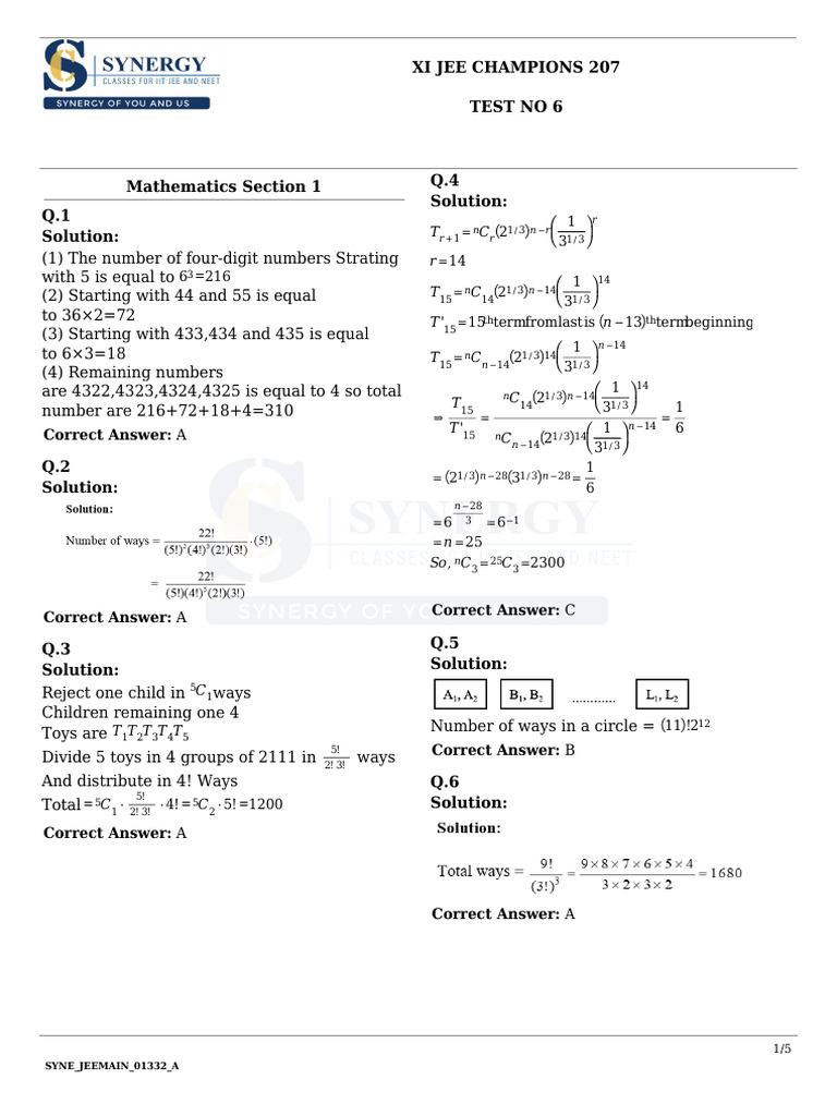 JEE Mathematics Test Solutions 207 | PDF | Geometric Shapes | Arithmetic