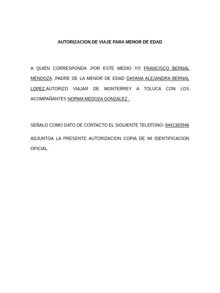 Autorizacion de Viaje para Menor de Edad | PDF