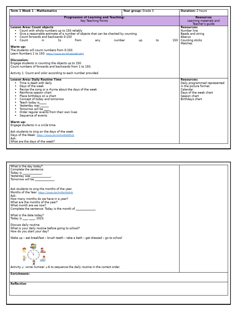 Grade 3 Math Week 1 Lesson Plan | PDF