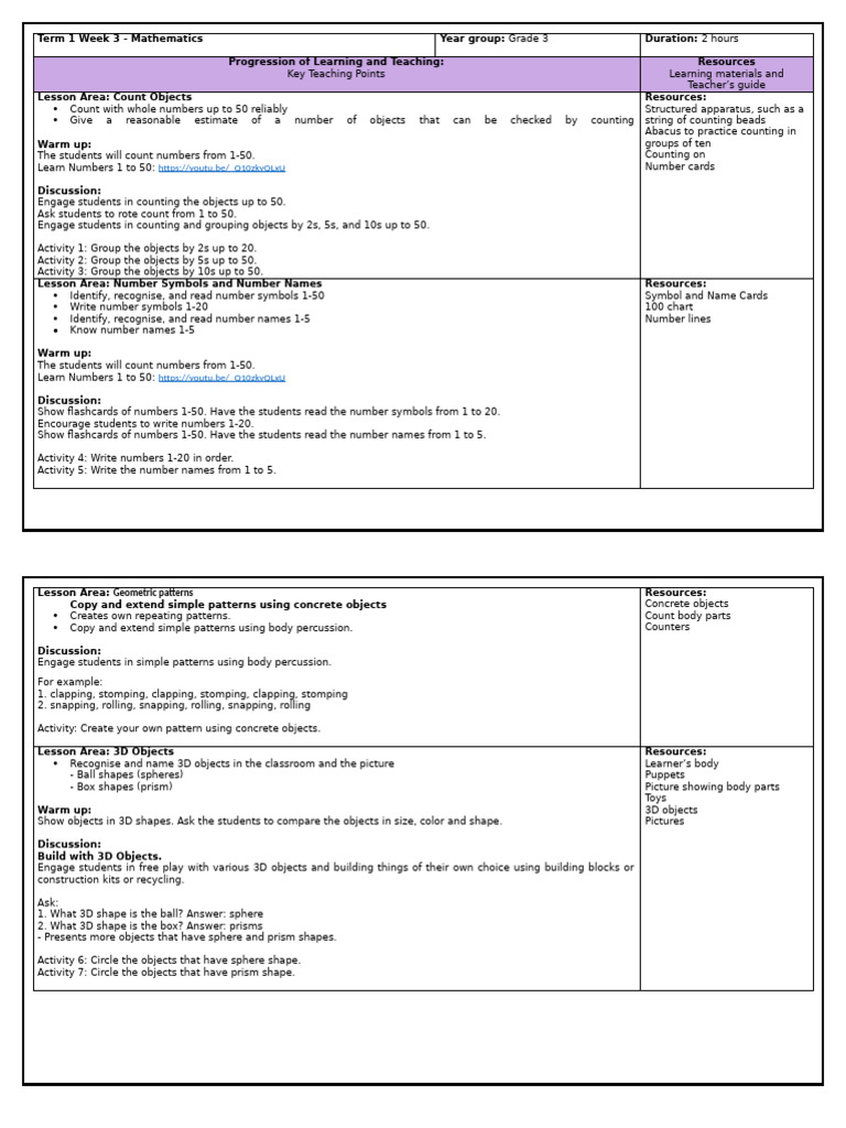 Grade 3 Math Lesson Plan: Week 3 | PDF | Cognition | Learning