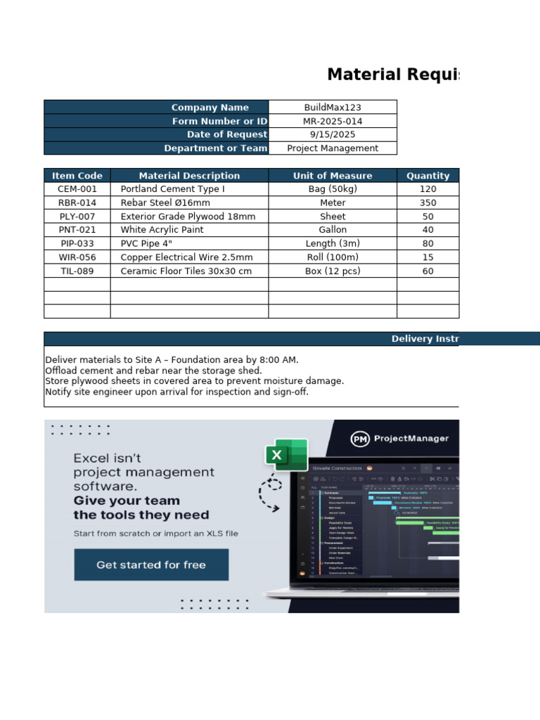 Material Requisition Form for BuildMax123 | PDF