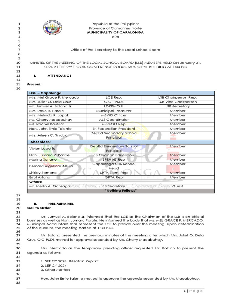 Capalonga Local School Board Meeting Minutes | PDF | Governance ...