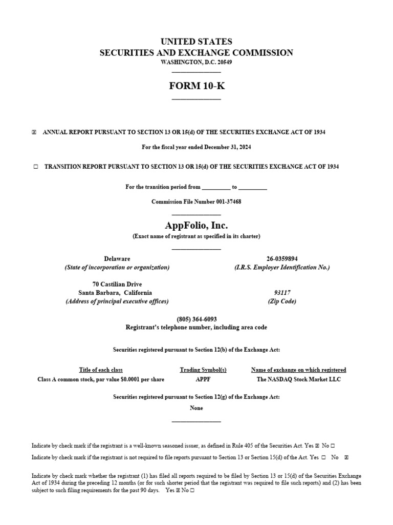 AppFolio, Inc. 2024 10-K | PDF | Form 10 K | Debit Card