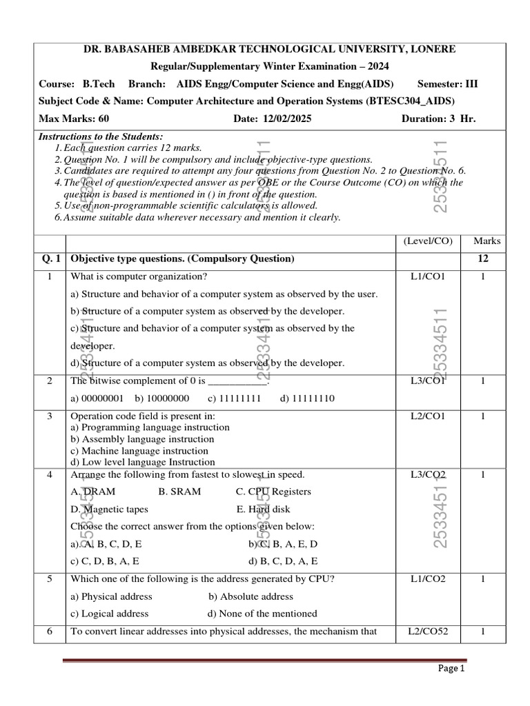 B.Tech Computer Architecture Exam 2024 | PDF | Computer Memory | Input ...