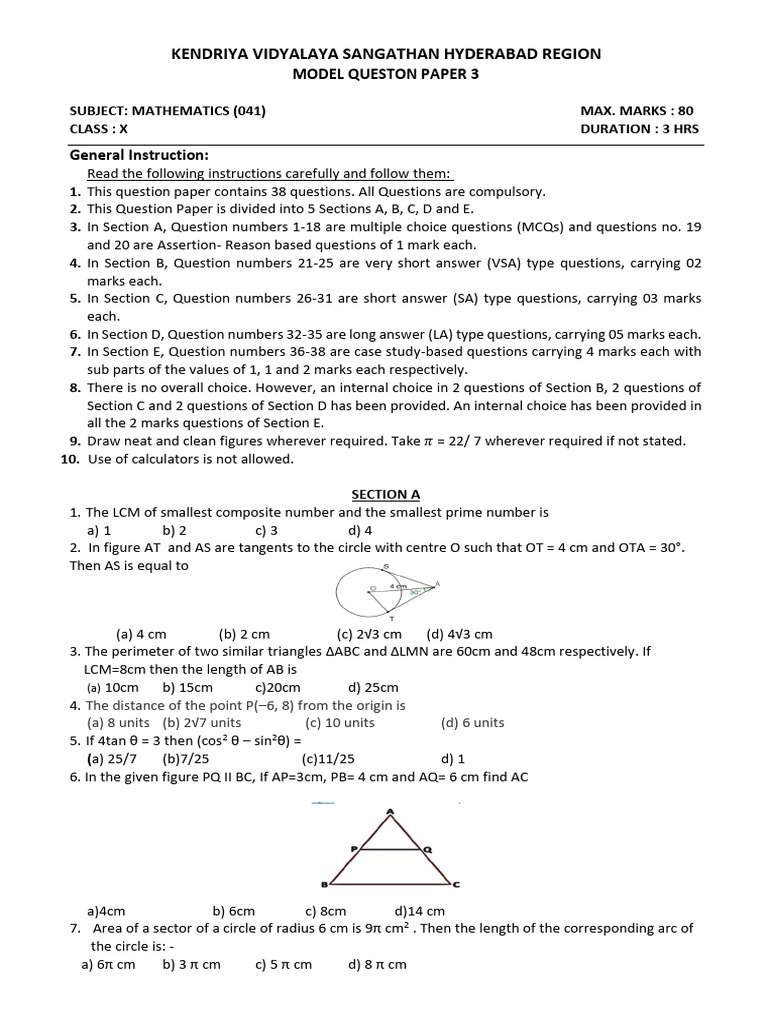 Class X Mathematics Model Question Paper | PDF | Circle | Area