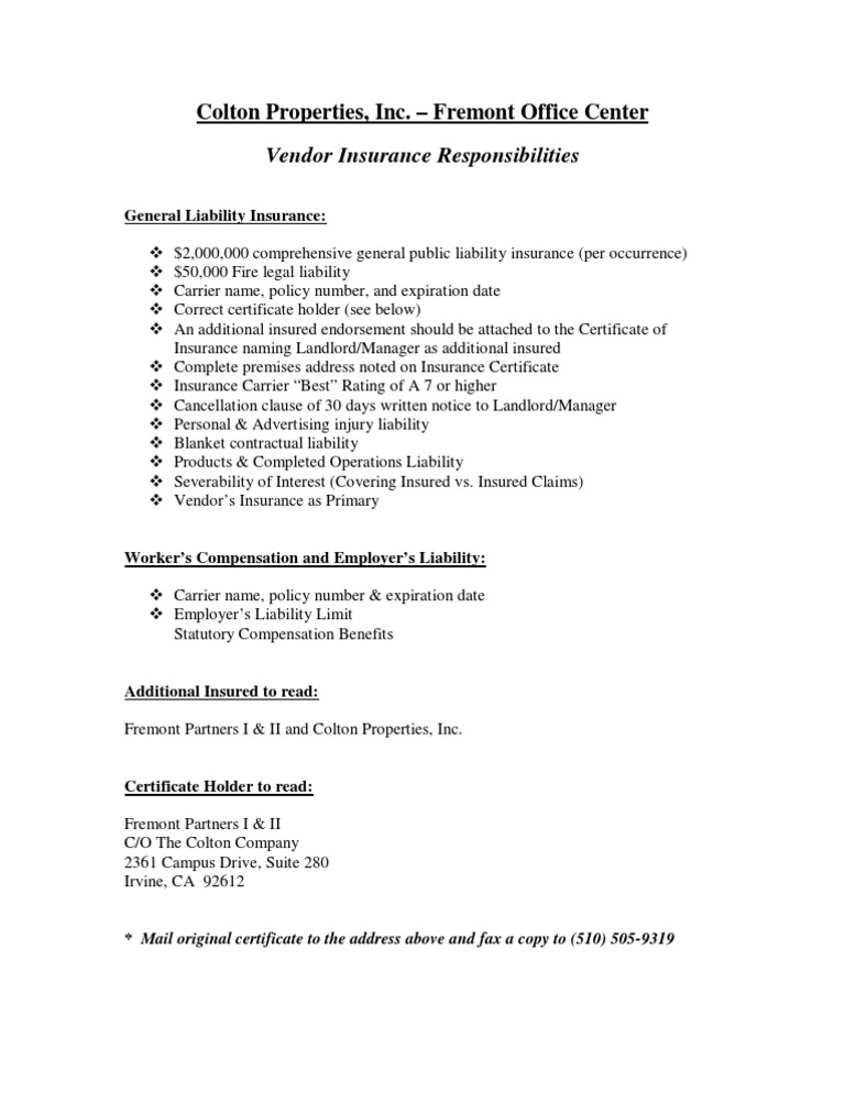 Vendor Insurance Responsibilities - Fremont Partners I & II | PDF