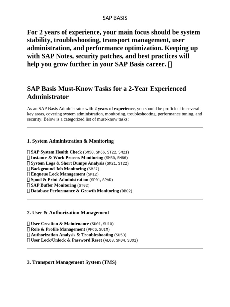 Essential SAP Basis Tasks for 2 Years Experience | PDF | Databases | Backup