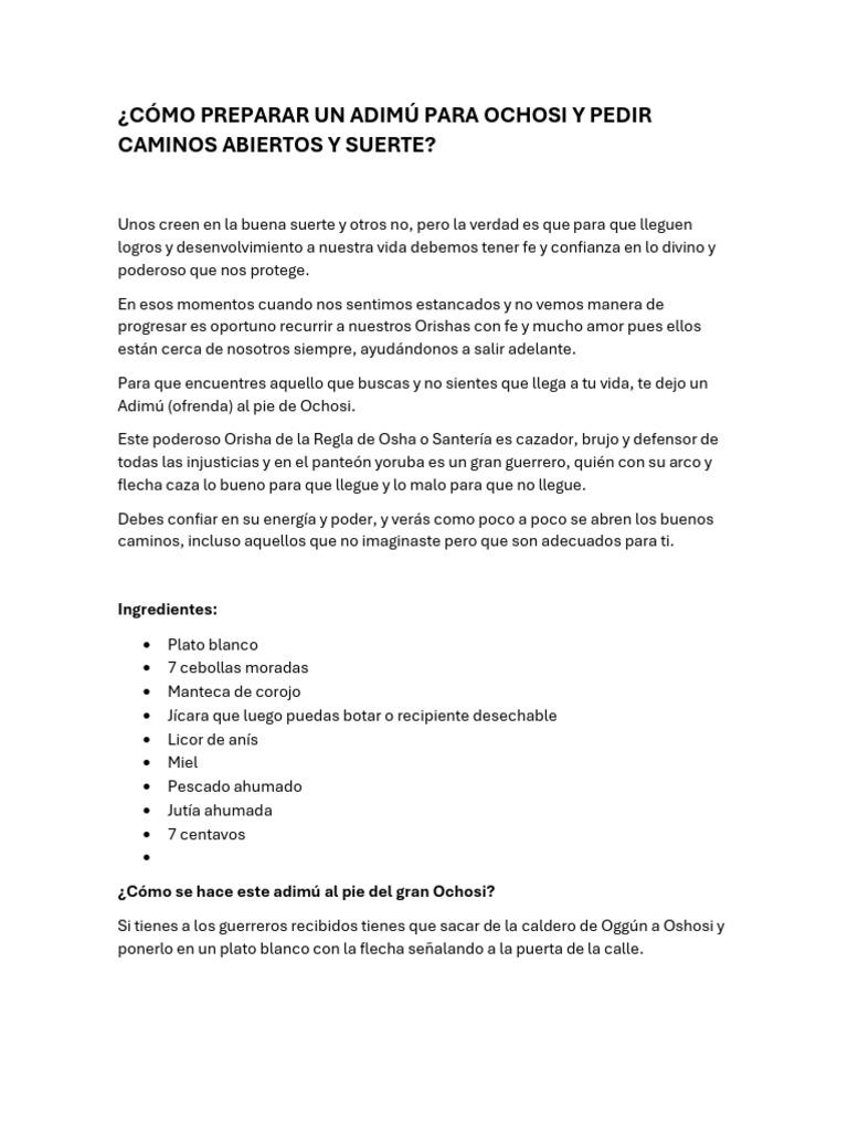 Cómo Preparar Un Adimú para Ochosi y Pedir Caminos Abiertos y Suerte | PDF