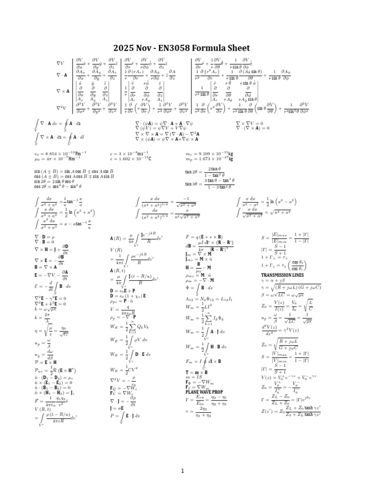 2025 EN3058 Formula Sheet Overview | PDF