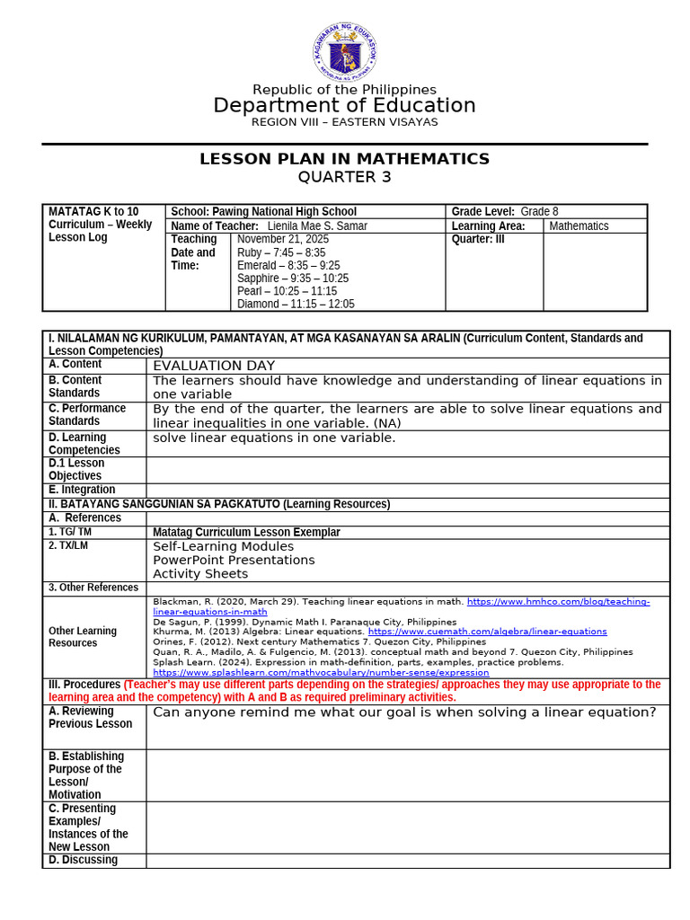 Department of Education: Lesson Plan in Mathematics | PDF | Equations ...