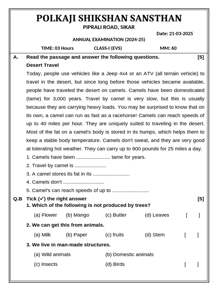 Class I EVS Annual Exam Paper 2024-25 | PDF | Camel