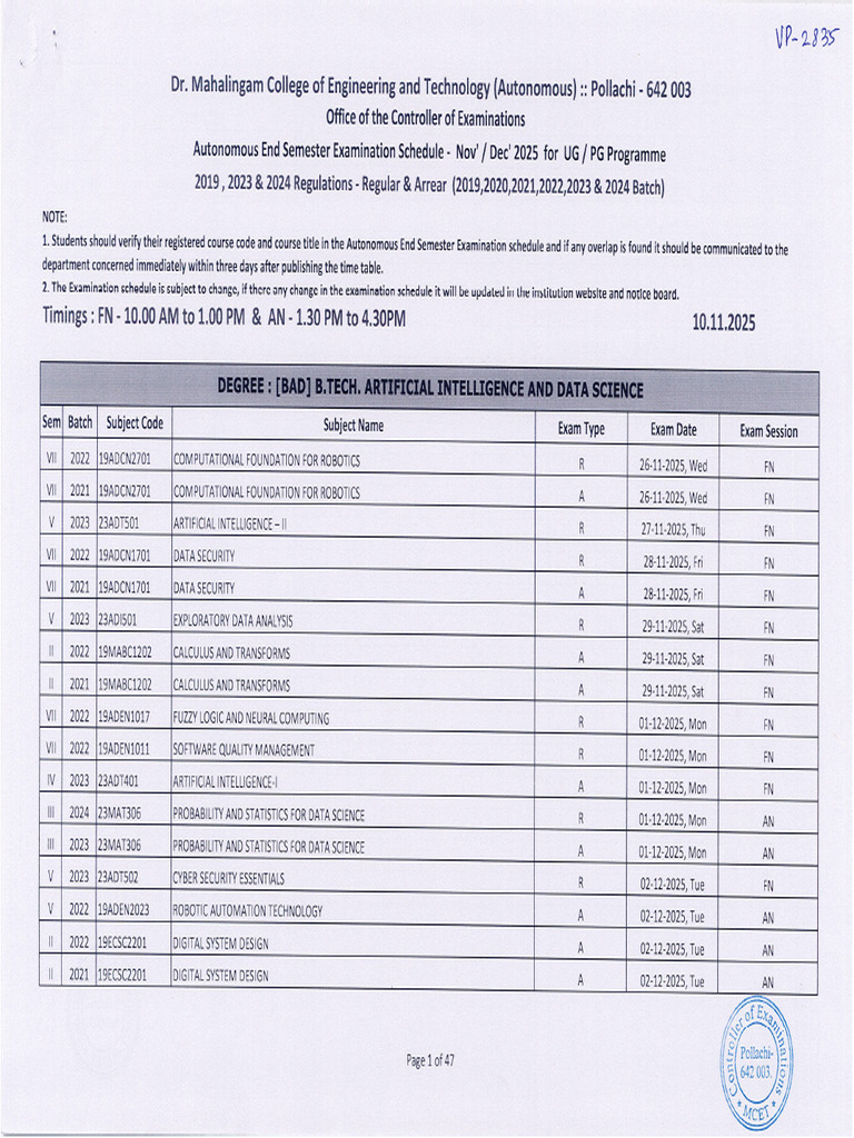 Mcet Semester Timetable | PDF
