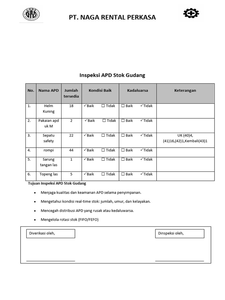 Inspeksi APD Stok Gudang Naga Rental | PDF