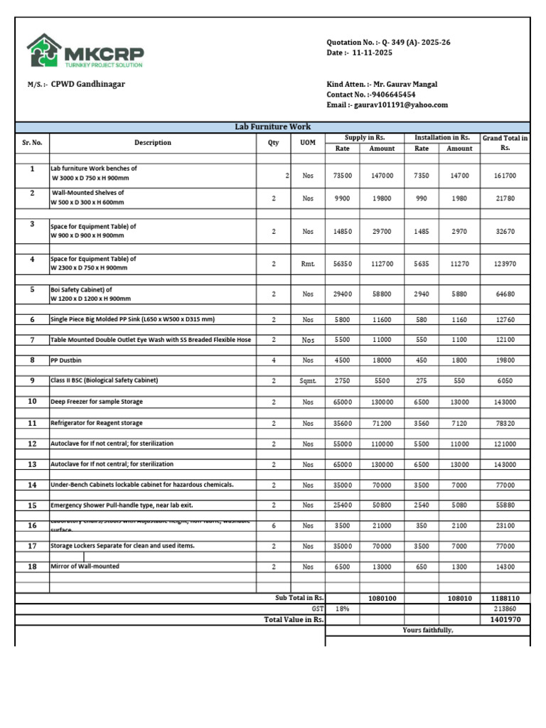 Quotation for Laboratory Furniture Supply | PDF