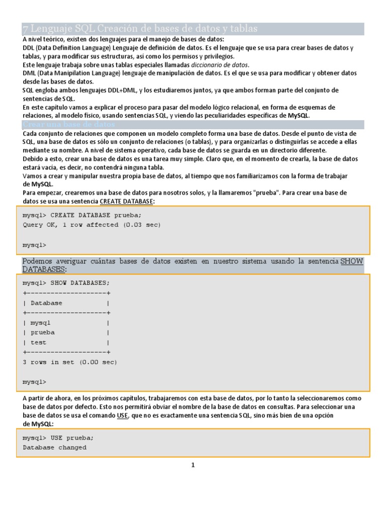 7 Lenguaje SQL Creación de Bases de Datos y Tablas | PDF | SQL | Bases ...