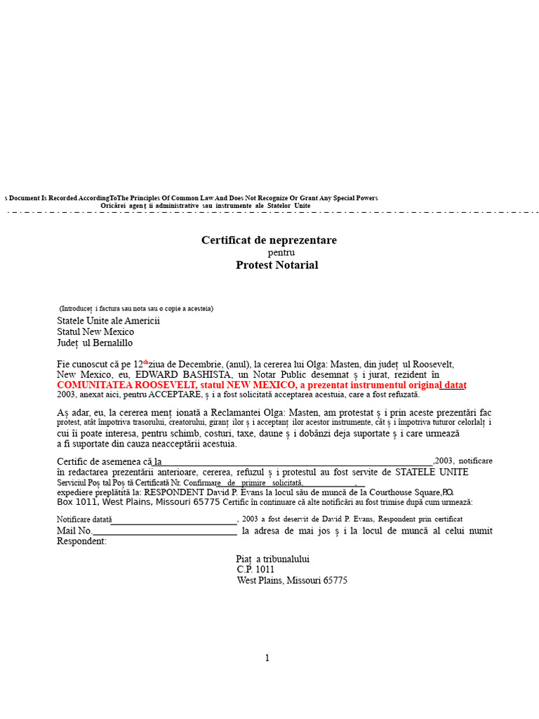 PROTEST NOTARIAL Certificat de Ne-Răspuns | PDF
