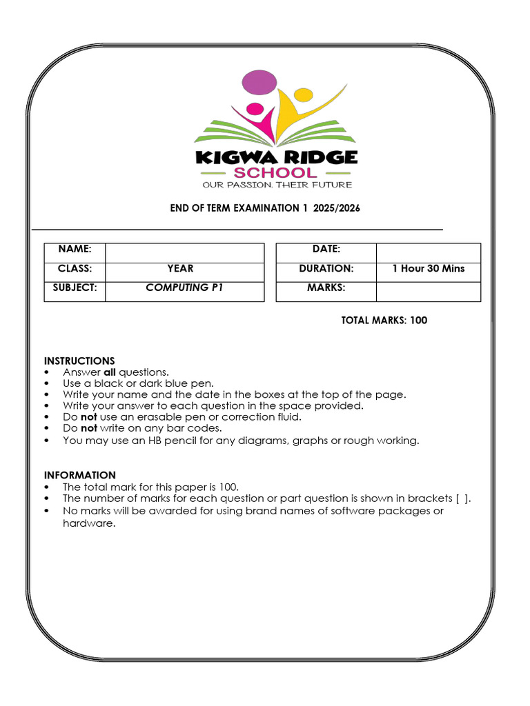 Year 7 Computing Exam Paper 2025/26 | PDF | Computer Hardware ...