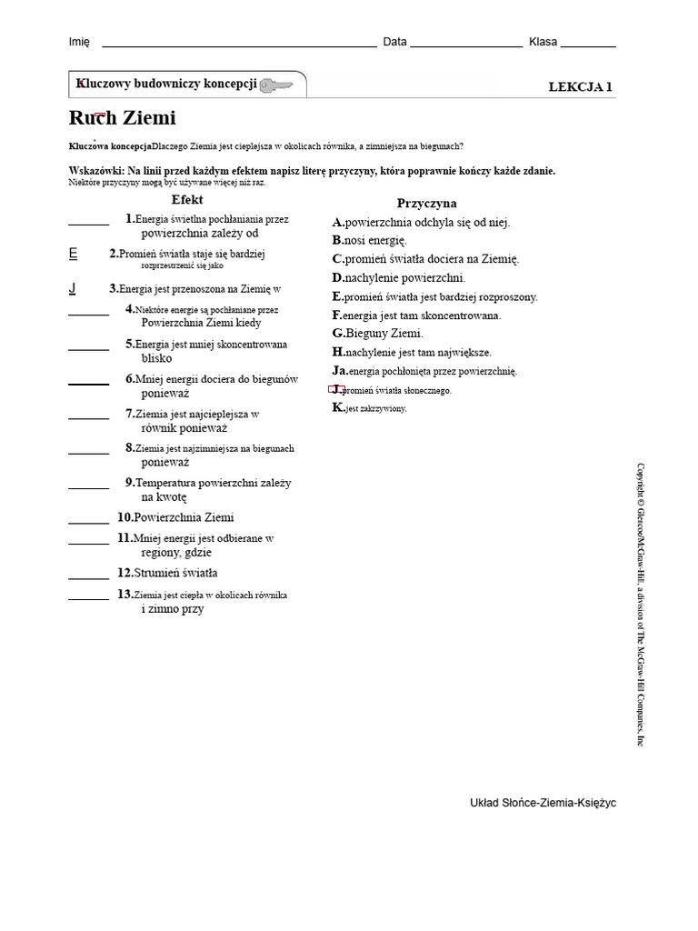 CW1-CW2 Kluczowe Pojęcie Budowniczy - Ruch Ziemi (Klucz Odpowiedzi) | PDF