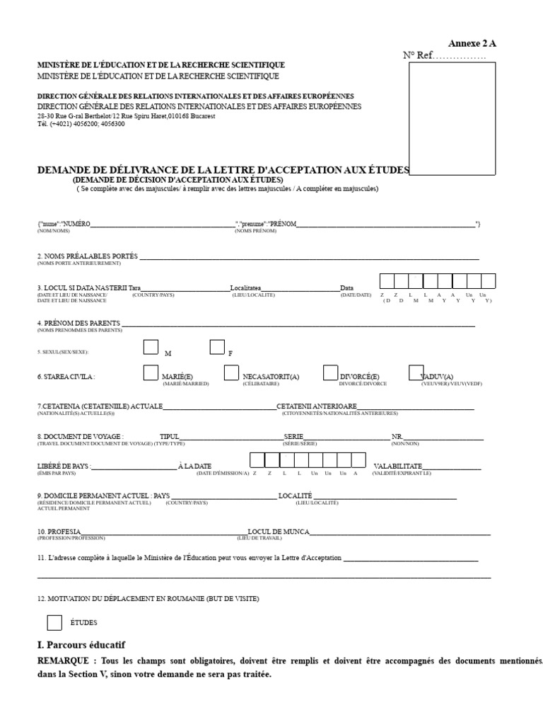 Demande de Lettre d'Acceptation Études | PDF | Certificat de naissance ...