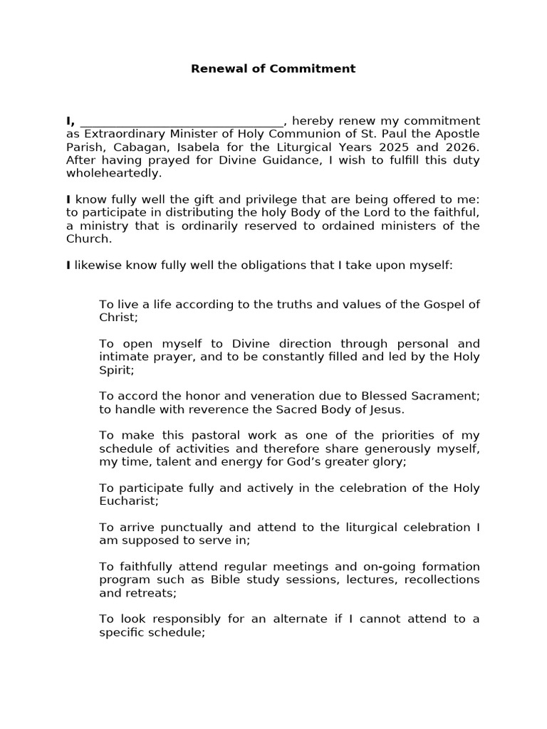 Renewal of Commitment for Eucharistic Ministry | PDF | Eucharist | Jesus