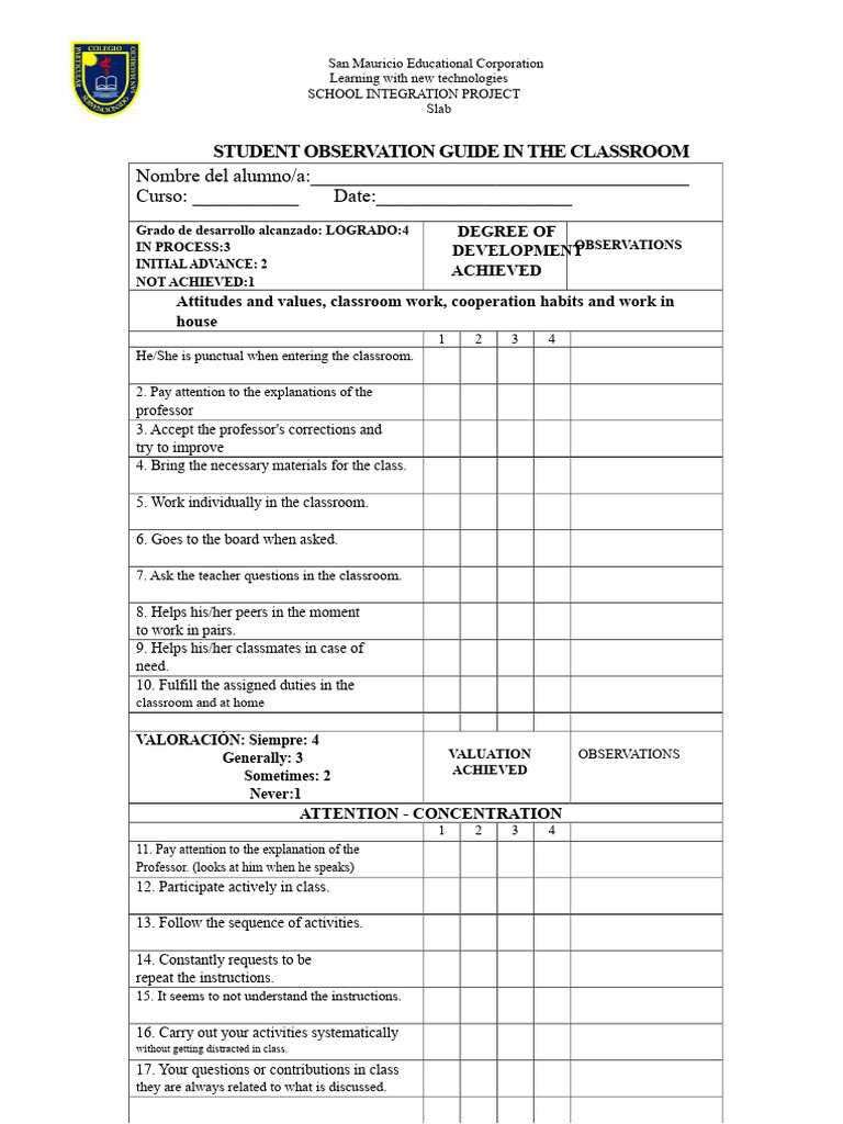 Student Observation Guide Template | PDF | Classroom | Teachers