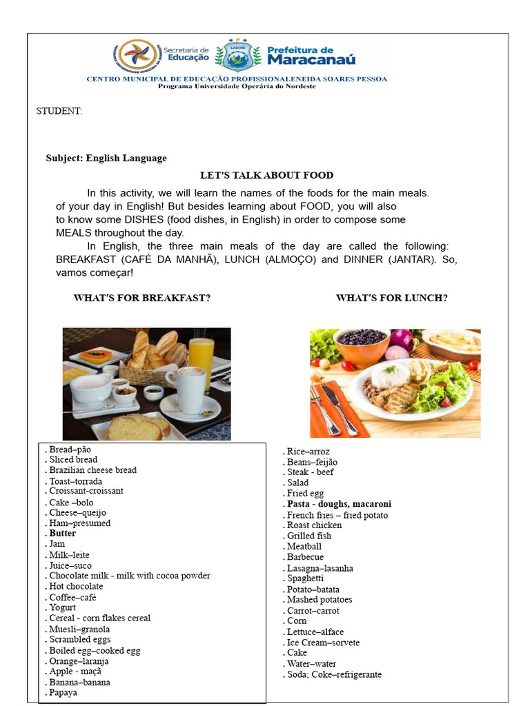 English Food Vocabulary for Meals | PDF | Meal | Lunch