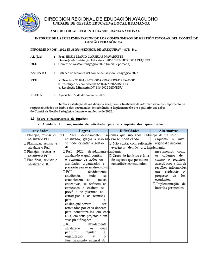 Informe de Gestão Pedagógica 2022 | PDF | Pedagogia | Desperdício